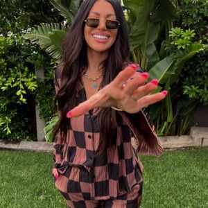 Dressed in Lala Long Sleeve Plissé Set in Mocha + Black Checkerboard